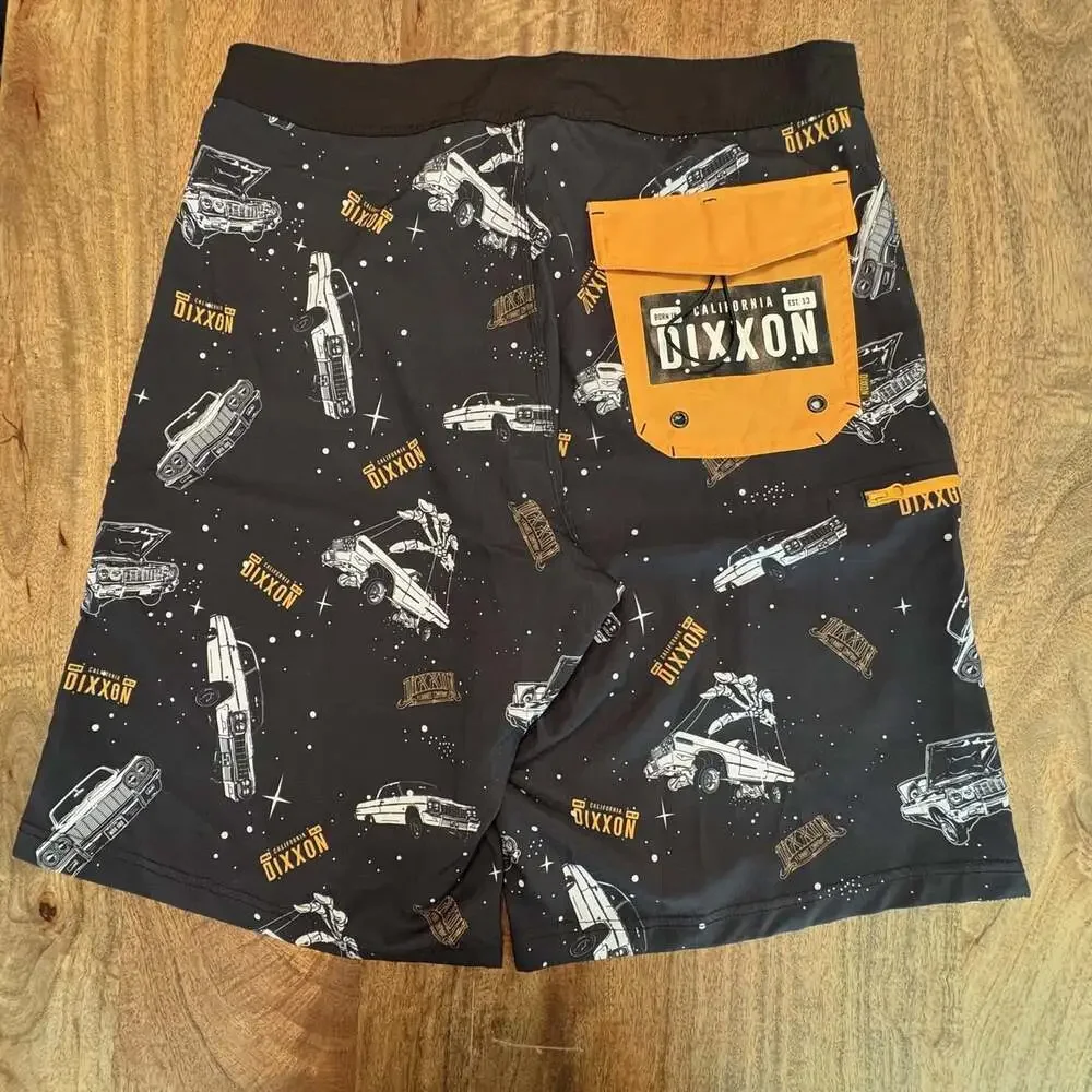 Dixxon Shorts Mens 32 Black Space Car Print Boardshorts Swim Trunks Drawstring